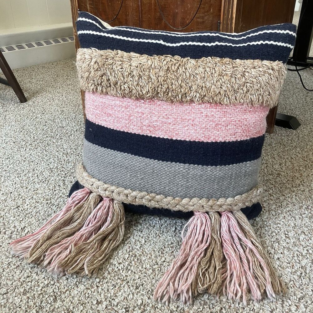 World Market Fringe Pillow Wool Cotton Boho Neutral Blue Pink Tan Braided Hippie